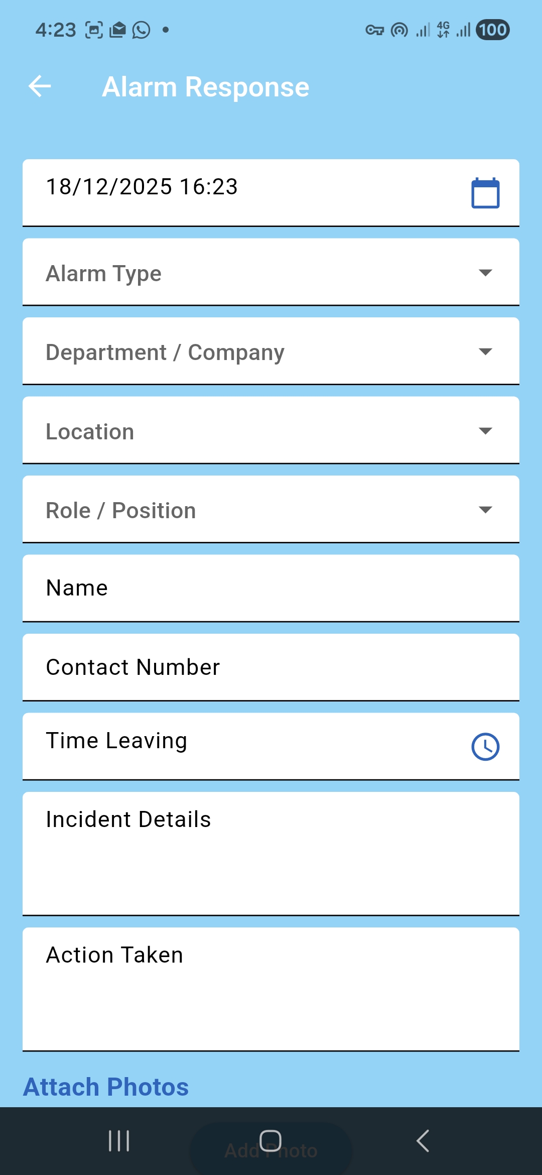 Alarm response form